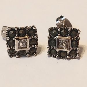 Chapal Zenray NF Silver plated marcasite square Earrings Cubic Zirconia 10mm